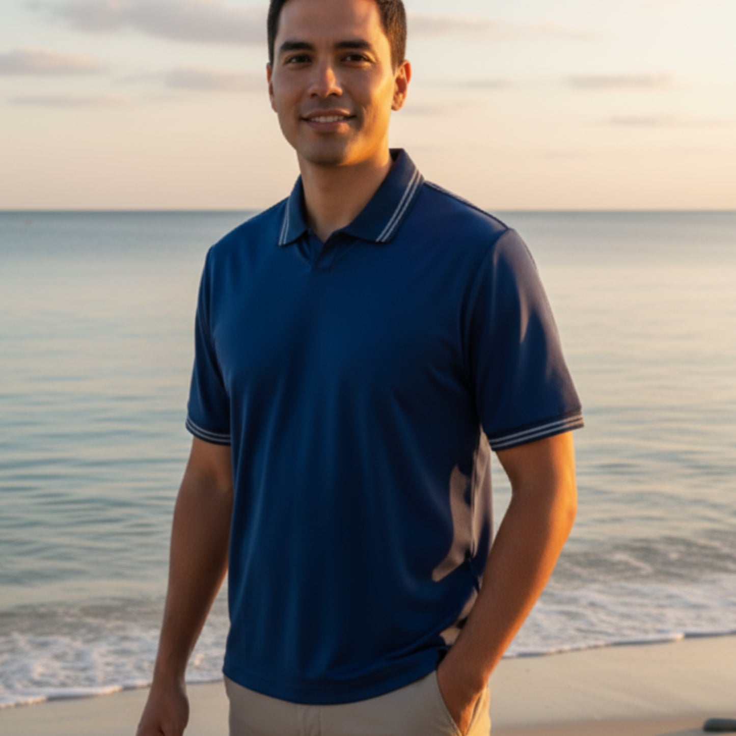 Interlock-Pima Cotton Polo Shirt Men’s Navy Blue Ribbed Collar and Sleeves