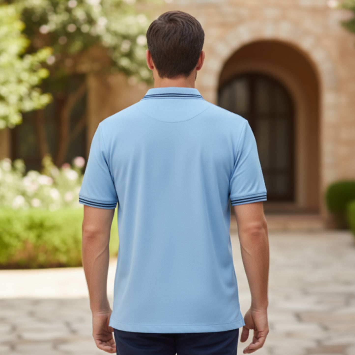 Interlock-Pima Cotton Polo Shirt Men’s Light Blue Ribbed Collar and Sleeves