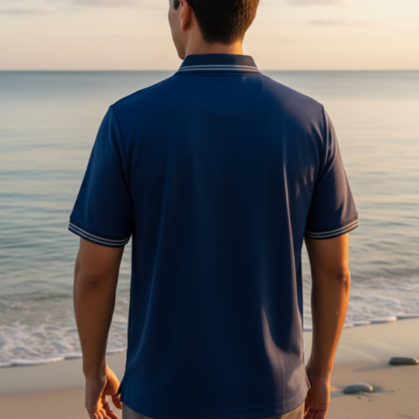 Interlock-Pima Cotton Polo Shirt Men’s Navy Blue Ribbed Collar and Sleeves