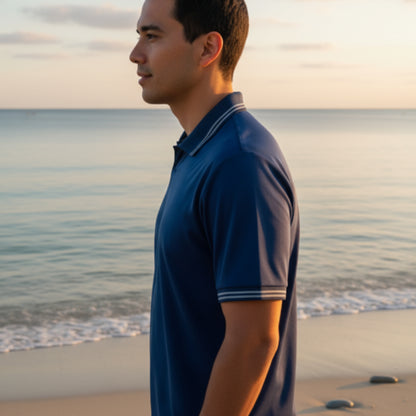 Interlock-Pima Cotton Polo Shirt Men’s Navy Blue Ribbed Collar and Sleeves