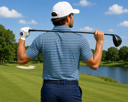 Men's Performance Golf Polo Shirt Coastal Moisture Wicking Stretch Striped Athletic Green/Blue