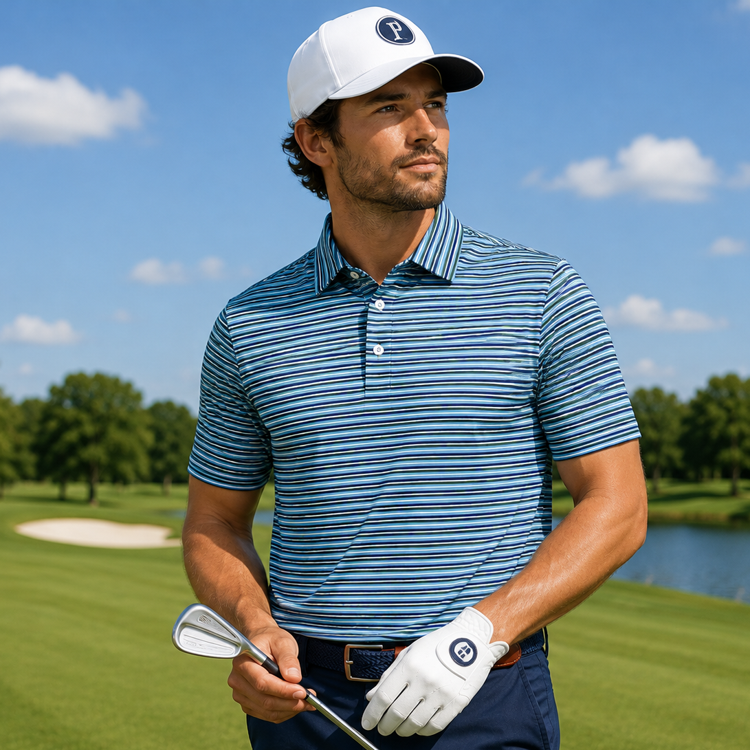 Men's Performance Golf Polo Shirt Coastal Moisture Wicking Stretch Striped Athletic Green/Blue