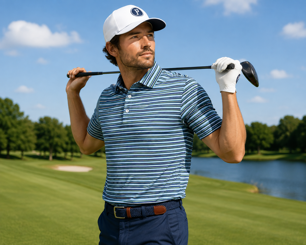 Men's Performance Golf Polo Shirt Coastal Moisture Wicking Stretch Striped Athletic Green/Blue