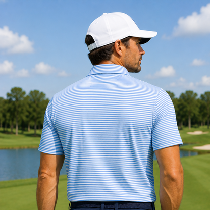Men's Performance Golf Polo Shirt Moisture Wicking Stretch Striped Athletic Blue