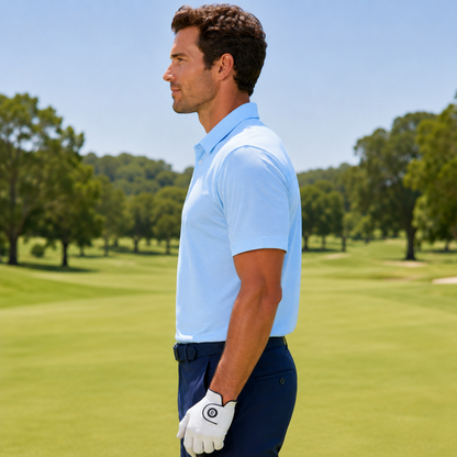 Men's Performance Golf Polo Shirt Fairway Moisture Wicking Stretch Striped Athletic Light Blue