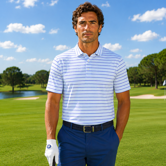 Men's Performance Golf Polo Shirt Coastal Moisture Wicking Stretch Striped Athletic Light Blue/Green