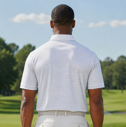 Men's Performance Golf Polo Shirt Coastal Moisture Wicking Stretch Striped Athletic Pink/Blue