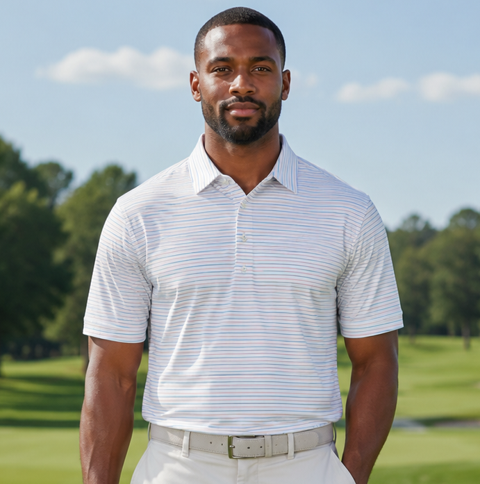 Men's Performance Golf Polo Shirt Coastal Moisture Wicking Stretch Striped Athletic Pink/Blue