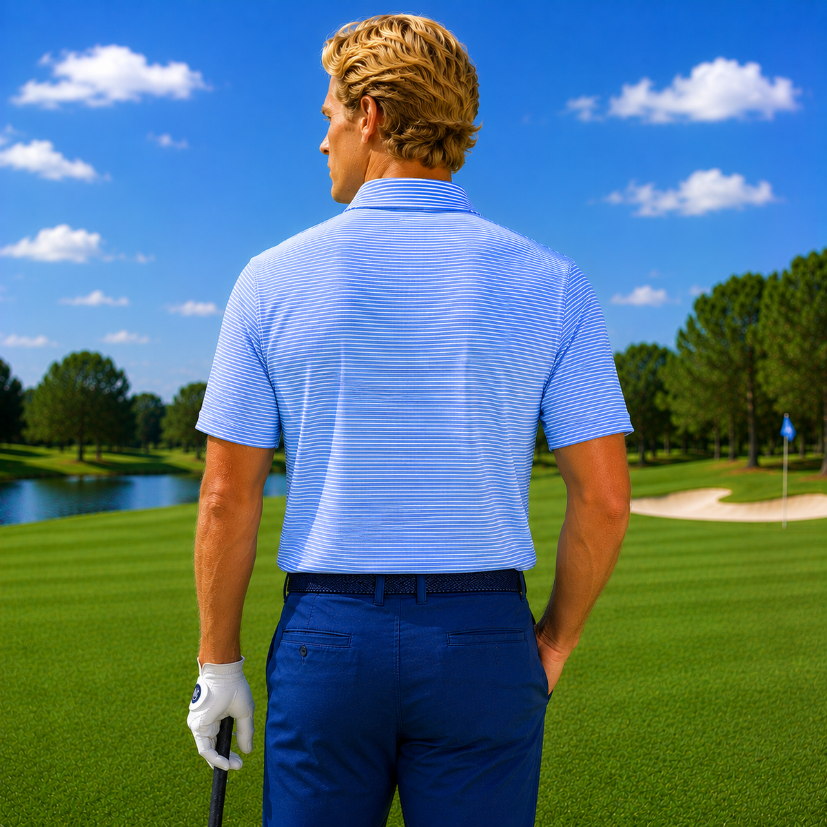 Men's Performance Golf Polo Shirt Fairway Moisture Wicking Stretch Striped Athletic Light Royal Blue