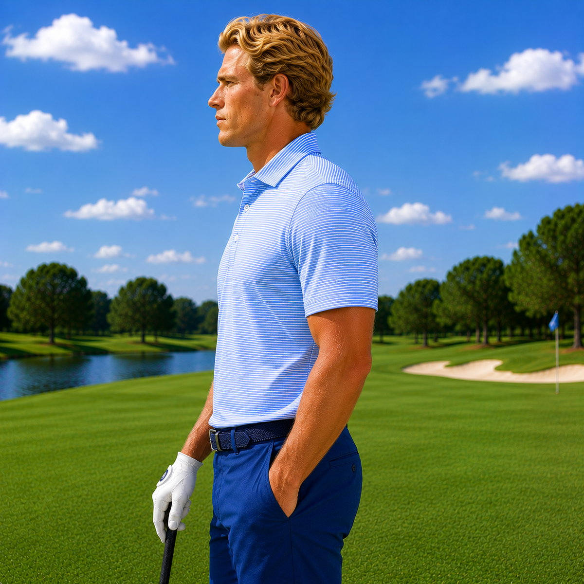Men's Performance Golf Polo Shirt Fairway Moisture Wicking Stretch Striped Athletic Light Royal Blue