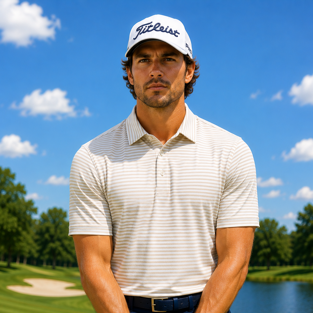Men's Performance Golf Polo Shirt Moisture Wicking Stretch Striped Athletic Sand