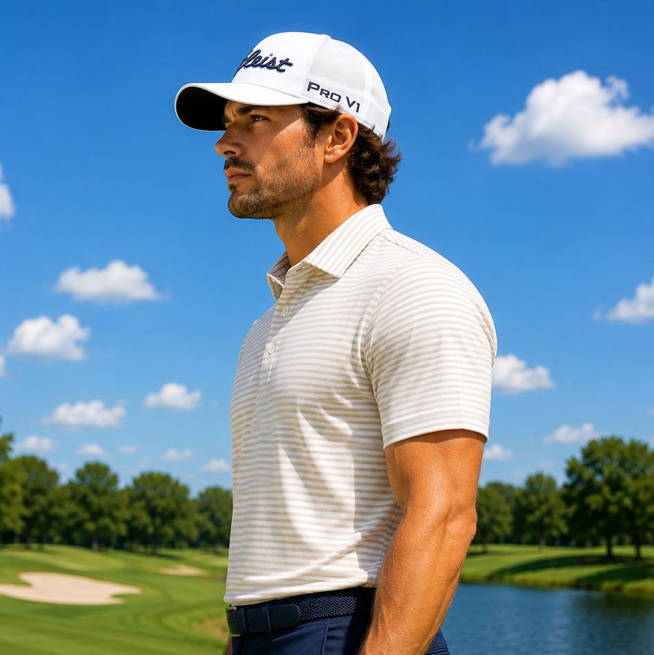 Men's Performance Golf Polo Shirt Moisture Wicking Stretch Striped Athletic Sand