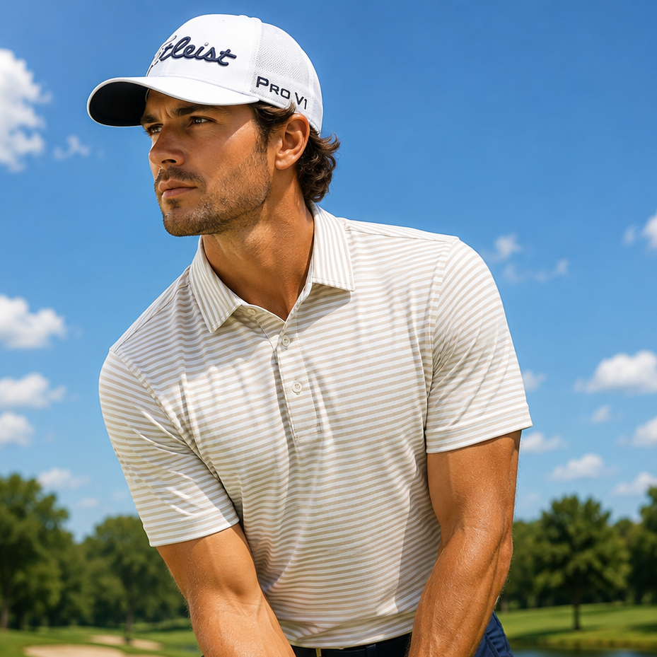 Men's Performance Golf Polo Shirt Moisture Wicking Stretch Striped Athletic Sand