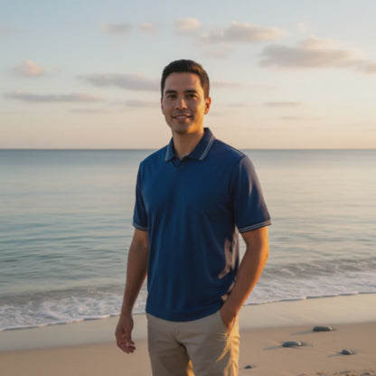 Interlock-Pima Cotton Polo Shirt Men’s Navy Blue Ribbed Collar and Sleeves