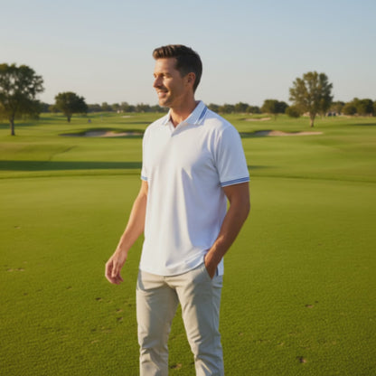 Interlock-Pima Cotton Polo Shirt Men’s White Ribbed Collar and Sleeves